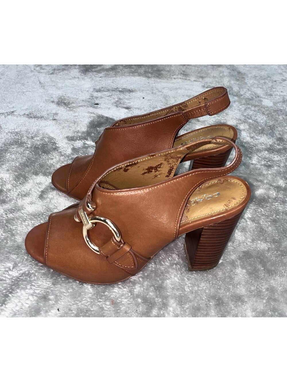 COACH Sherry Brown Leather Peep Toe Stacked Heel Sling Back Sandal Shoes Sz 7.5B